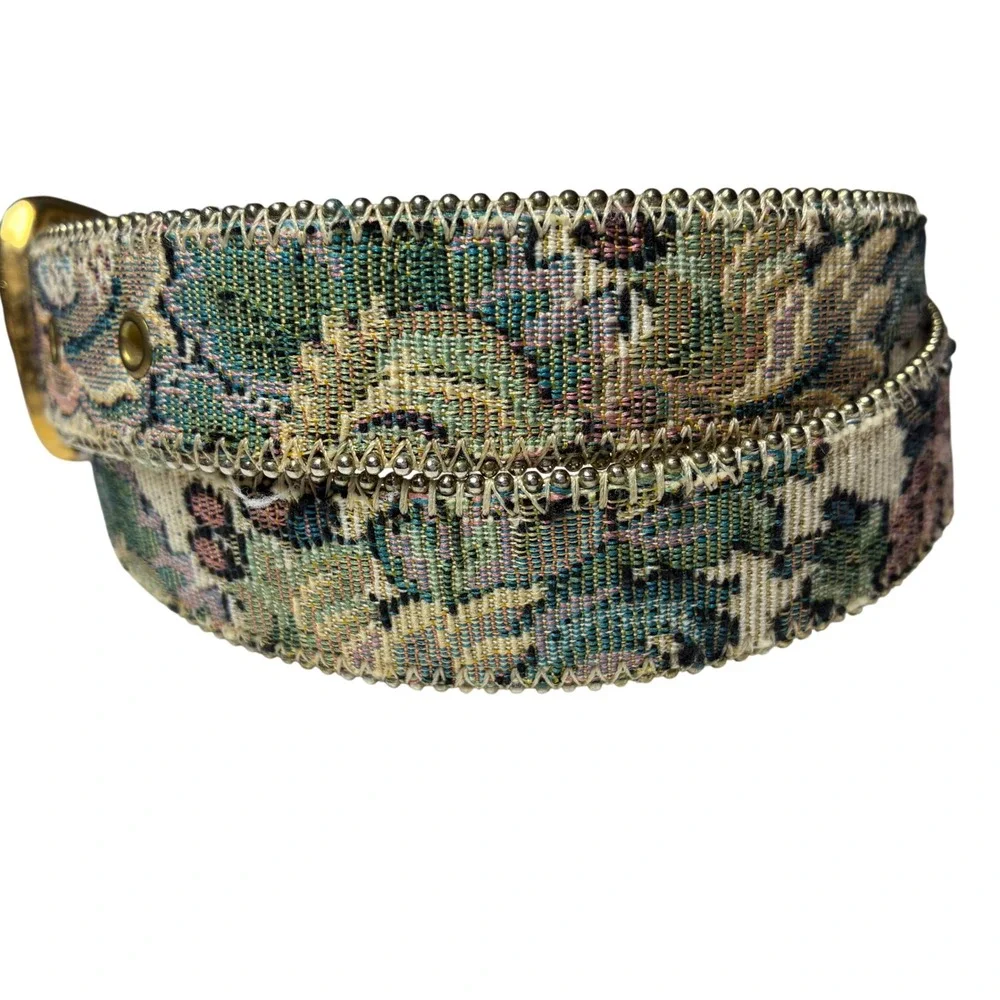 Paul Harris Tapestry Floral Belt Ball Chain Gold Buckle Boho Western M L